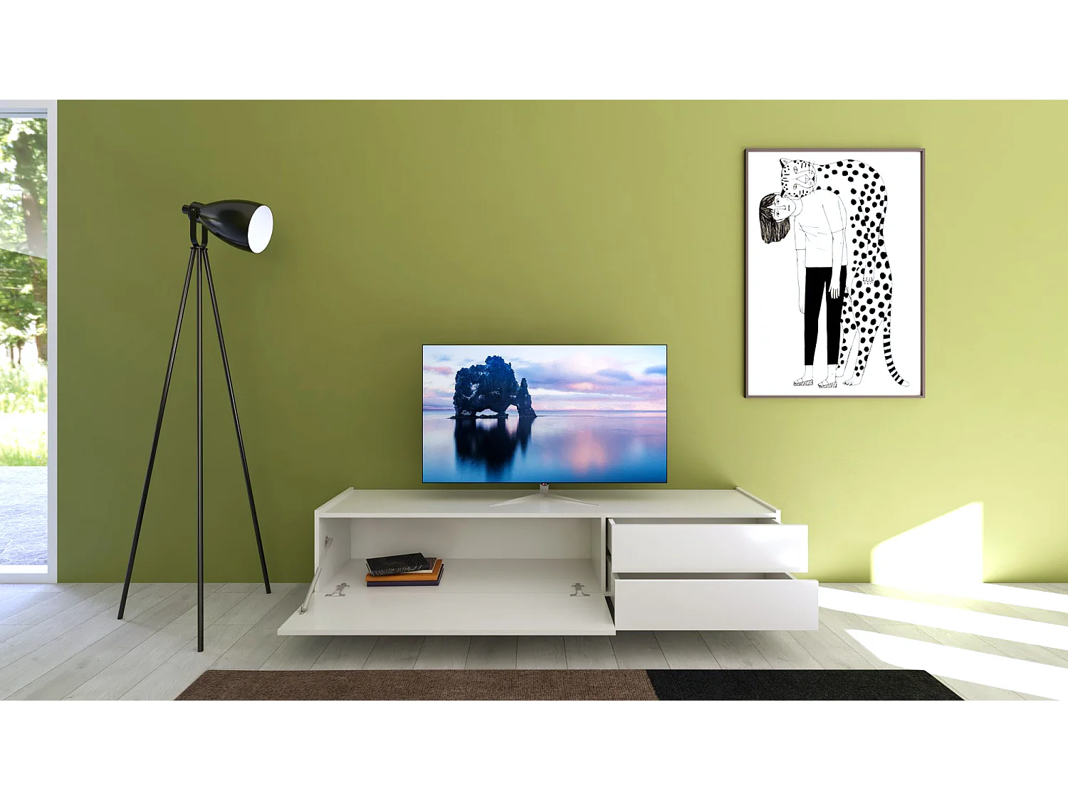 TV-Schrank 1 Klappe/2 Schubkästen 160x42x40 cm Solaria glänzendes Weiß