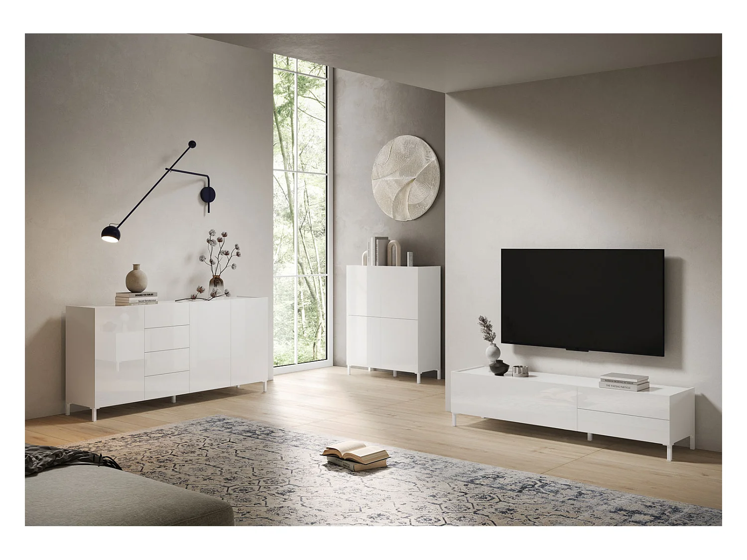 Meuble TV bas 1 porte abattante et 2 tiroirs 160x42x40 Solaria blanc brillant