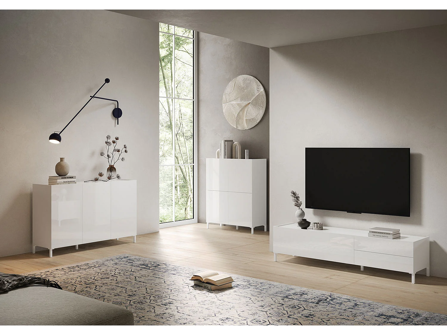 Meuble TV bas 1 porte abattante et 2 tiroirs 160x42x40 Solaria blanc brillant