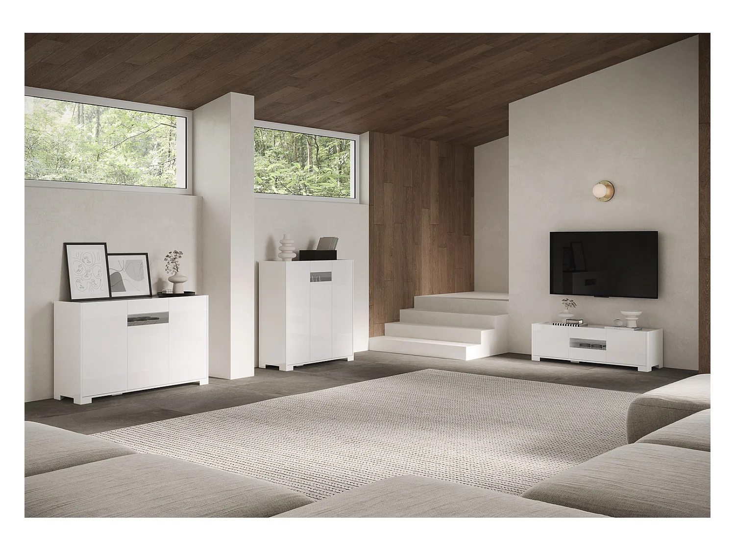 Buffet haut 3 portes 103x35x110 cm Riflesso blanc brillant