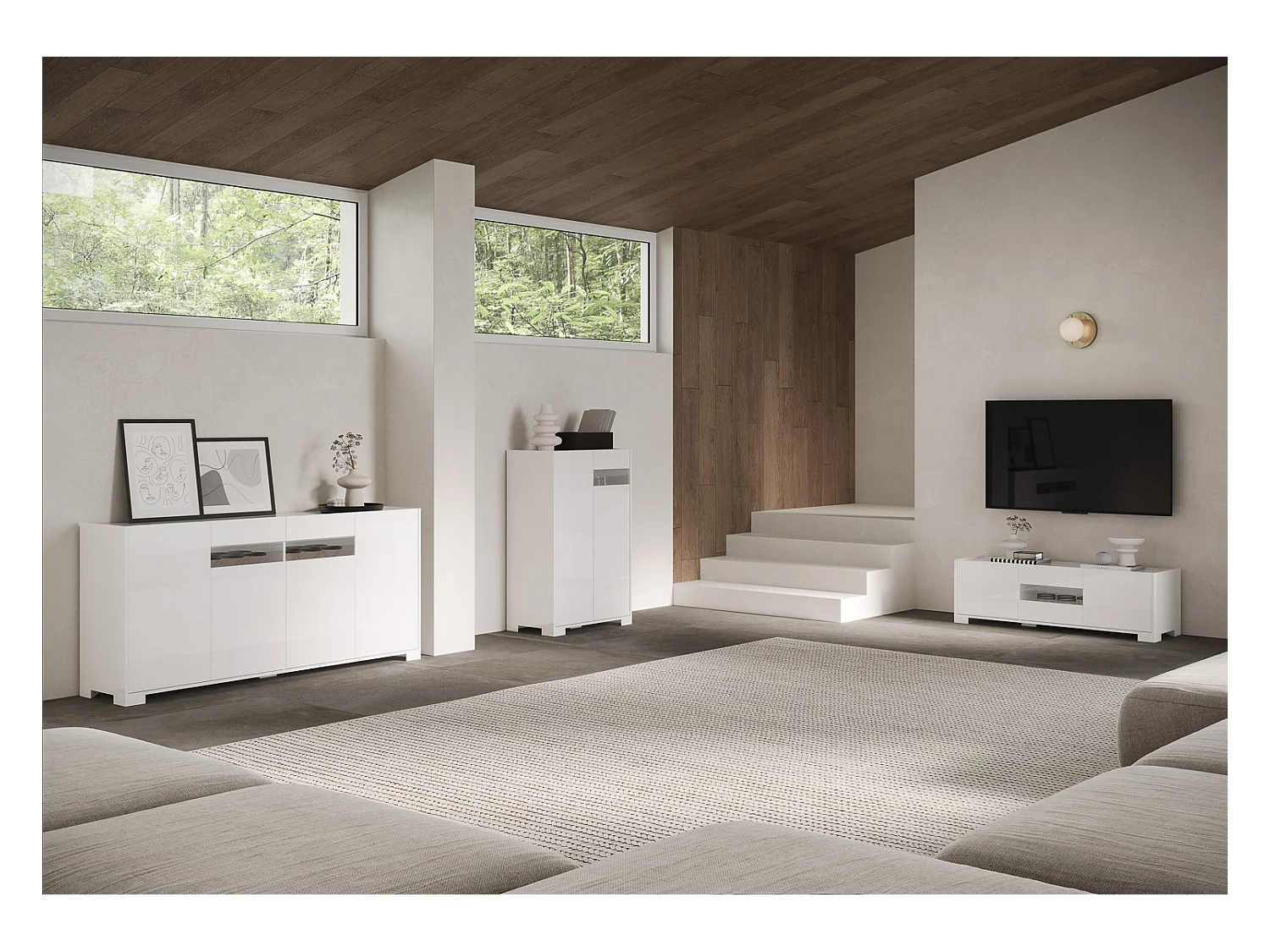 Buffet haut 3 portes 103x35x110 cm Riflesso blanc brillant