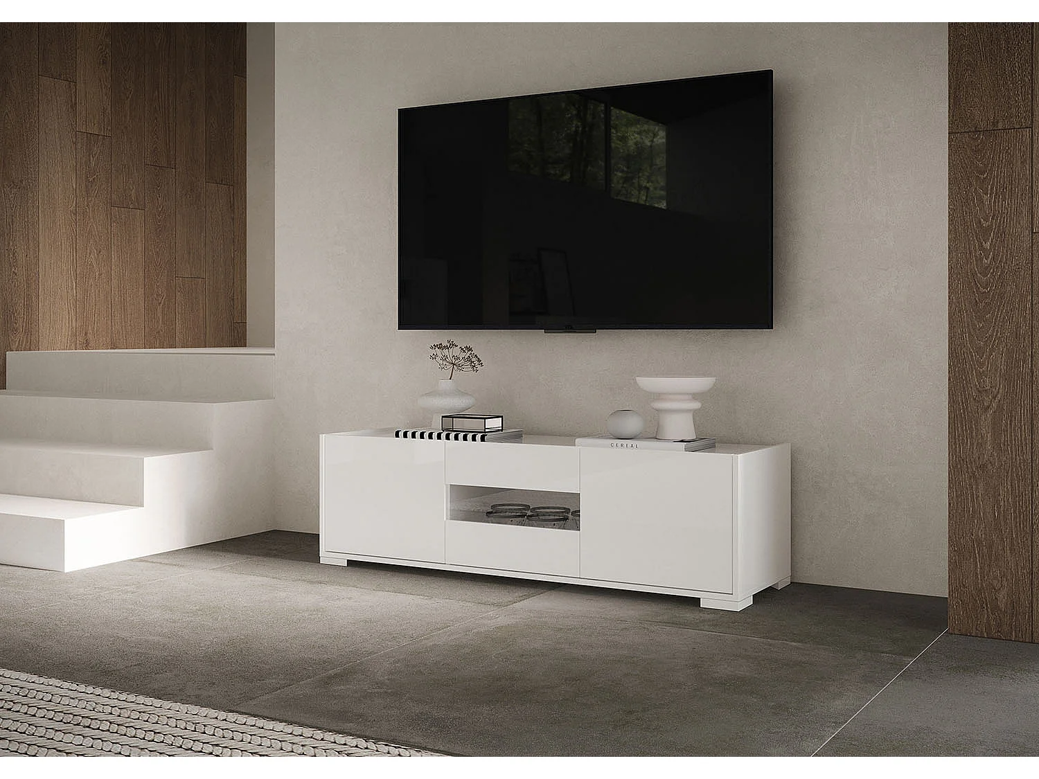 Meuble TV bas 3 portes 130x40x40 Riflesso blanc brillant