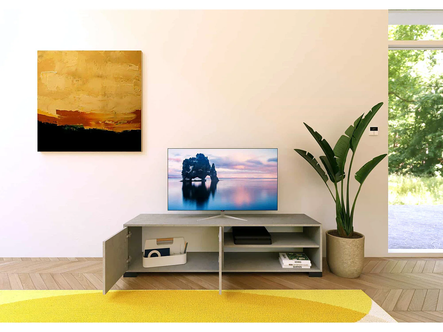 Meuble TV 2 portes avec compartiment ouvert 150x40x40 cm Lumina cachemire