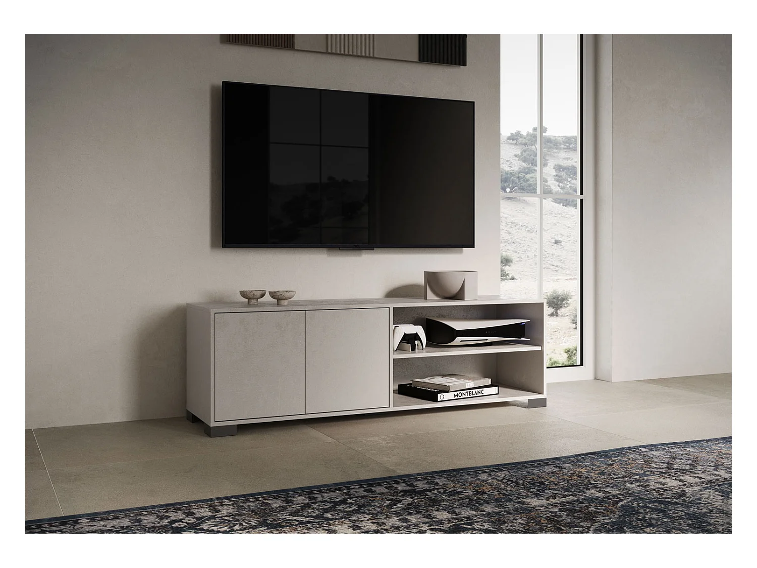 Meuble TV bas 2 portes et étagère ouverte 150x40x40 Lumina cachemire