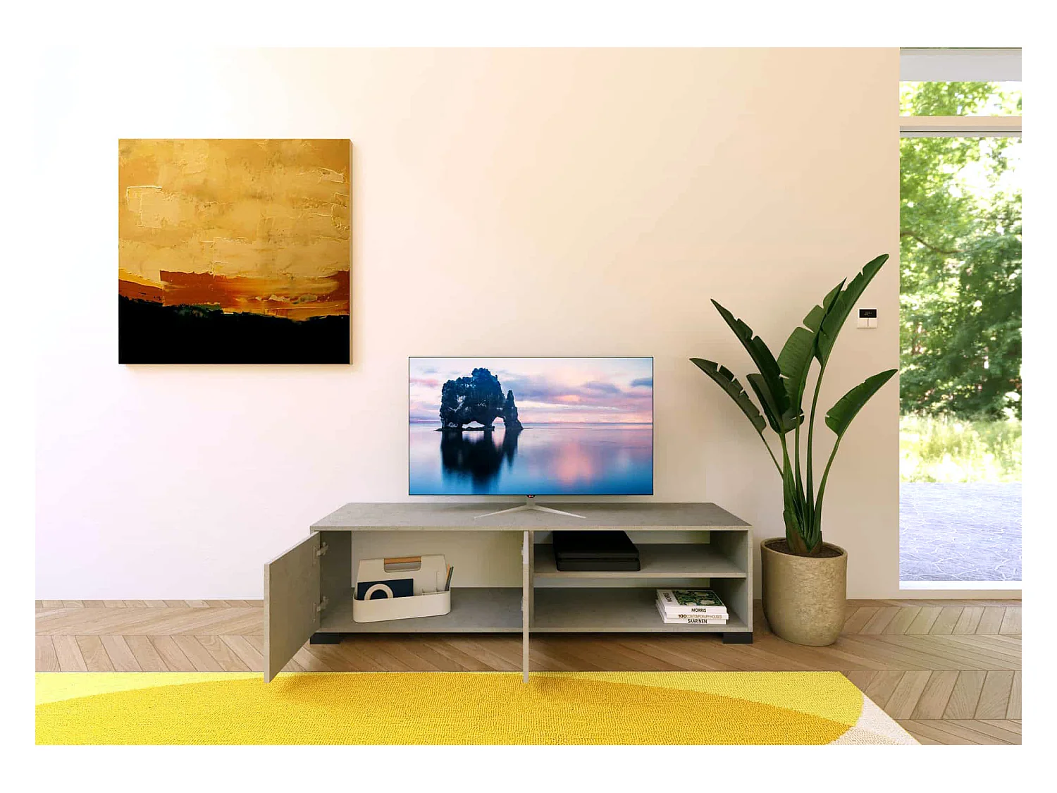 Meuble TV bas 2 portes et étagère ouverte 150x40x40 Lumina cachemire