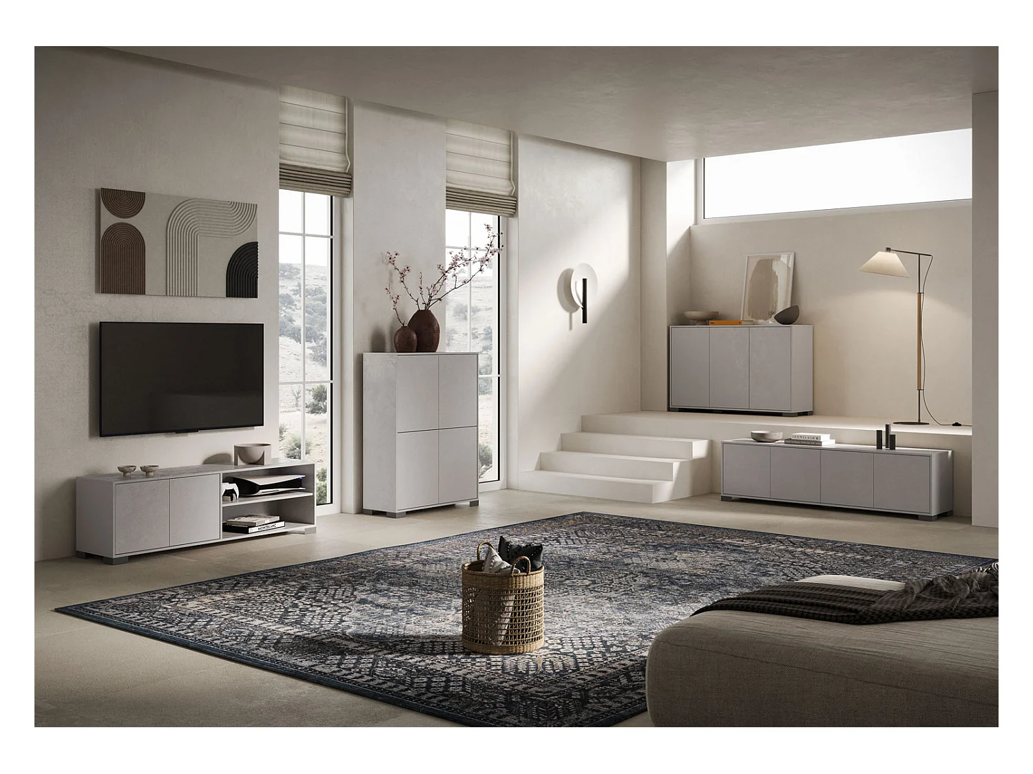 Meuble TV bas 2 portes et étagère ouverte 150x40x40 Lumina cachemire