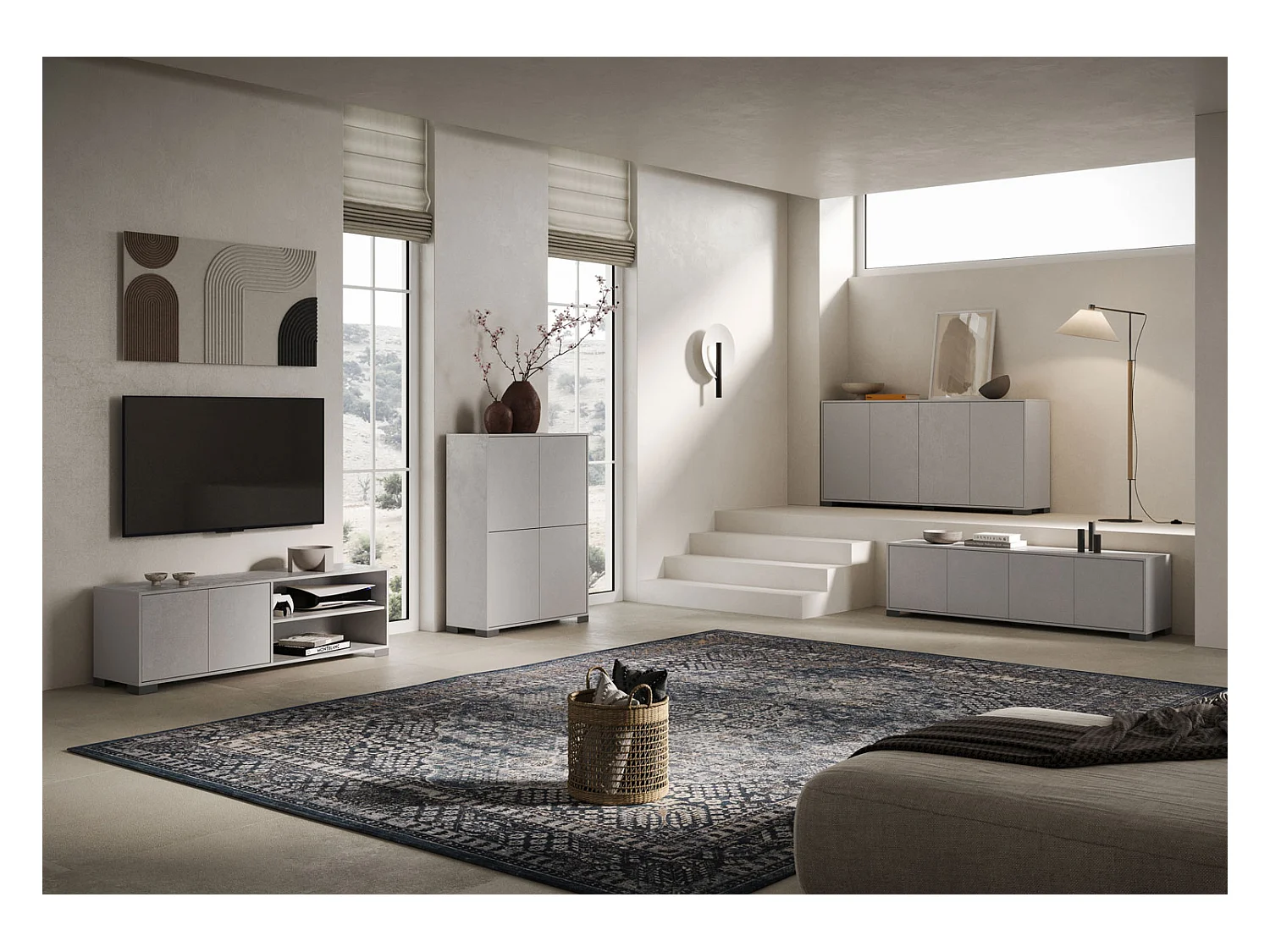 Meuble TV bas 2 portes et étagère ouverte 150x40x40 Lumina cachemire