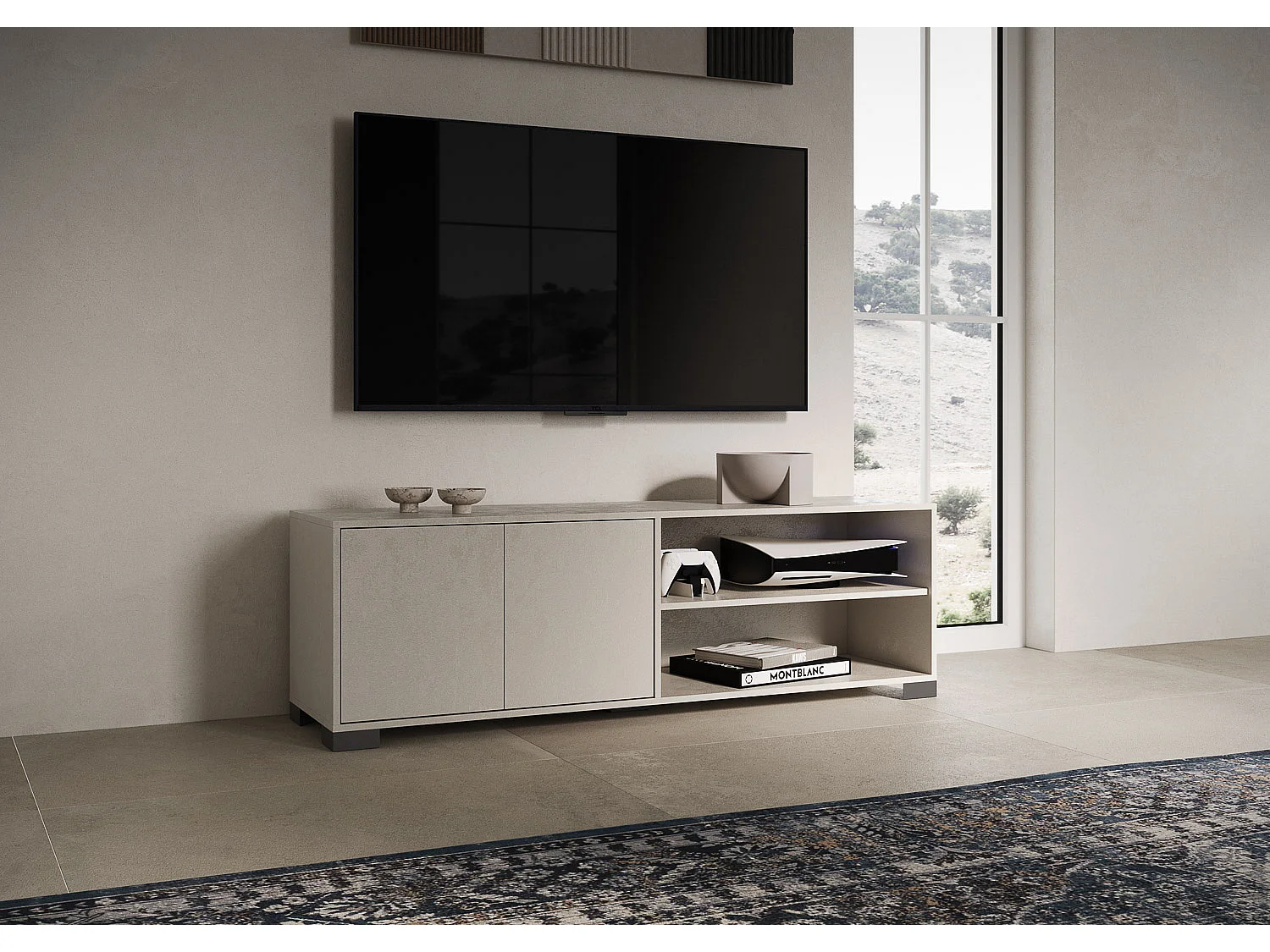 Meuble TV bas 2 portes et étagère ouverte 150x40x40 Lumina cachemire