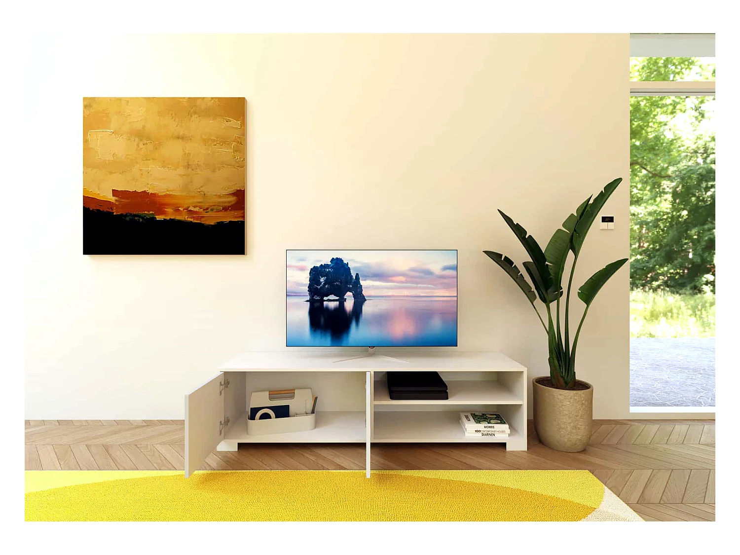 2-türiger TV-Ständer mit offenem Fach 150x40x40 cm Lumina glänzend weiß
