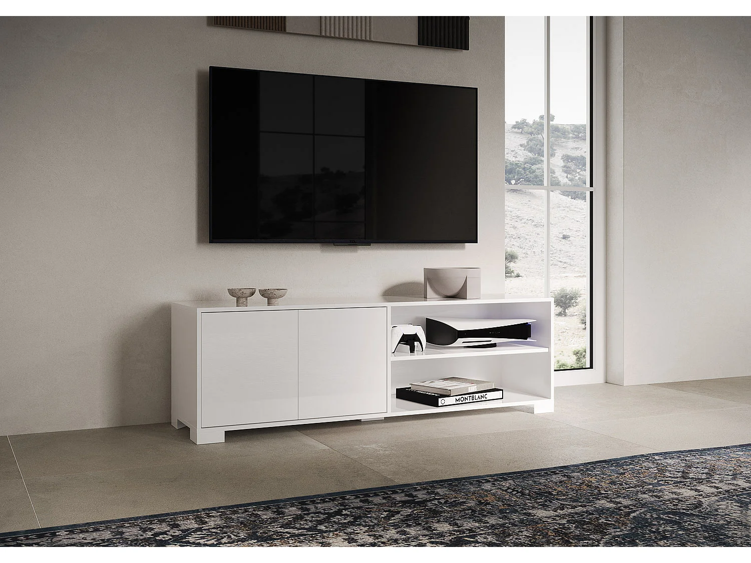 TV-Schrank 2 Türen 2 offene Fächer 150x40x40 cm Lumina glänzendes Weiß