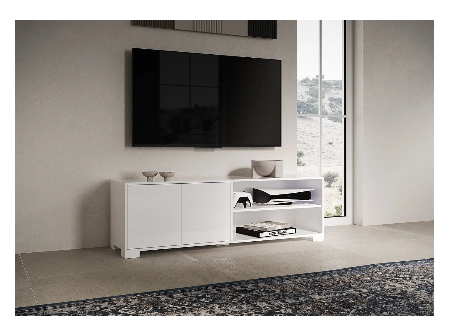 Meuble TV bas 2 portes et étagère ouverte 150x40x40 Lumina blanc brillant