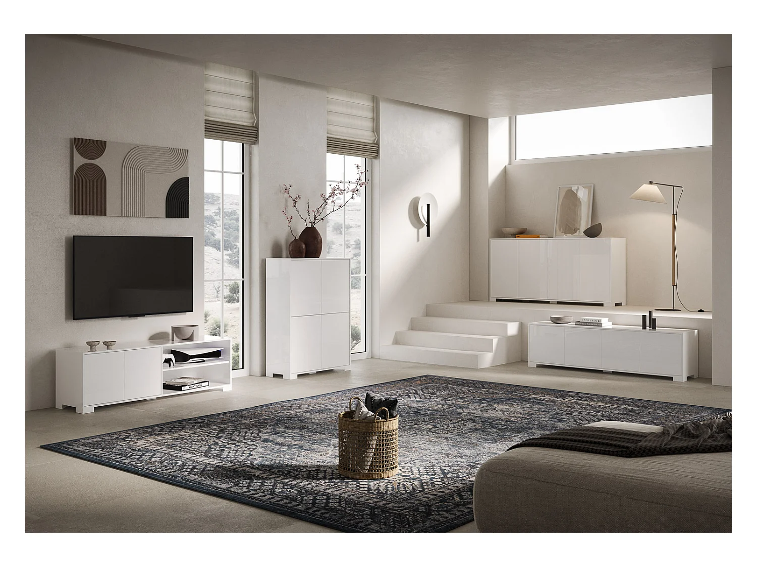Meuble TV bas 2 portes et étagère ouverte 150x40x40 Lumina blanc brillant