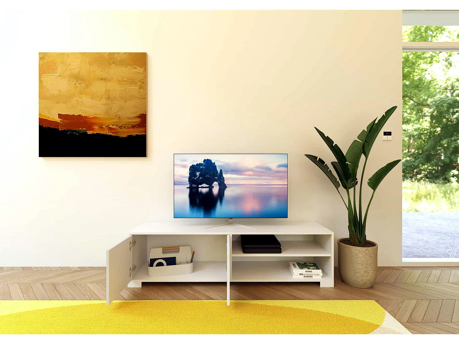 Meuble TV bas 2 portes et étagère ouverte 150x40x40 Lumina blanc brillant