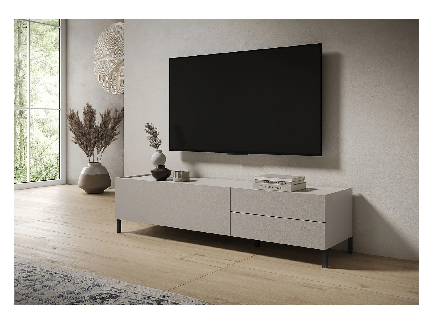 Meuble de TV 1 puerta abatible y 2 cajones 160x42x40 cm Solaria cachemira