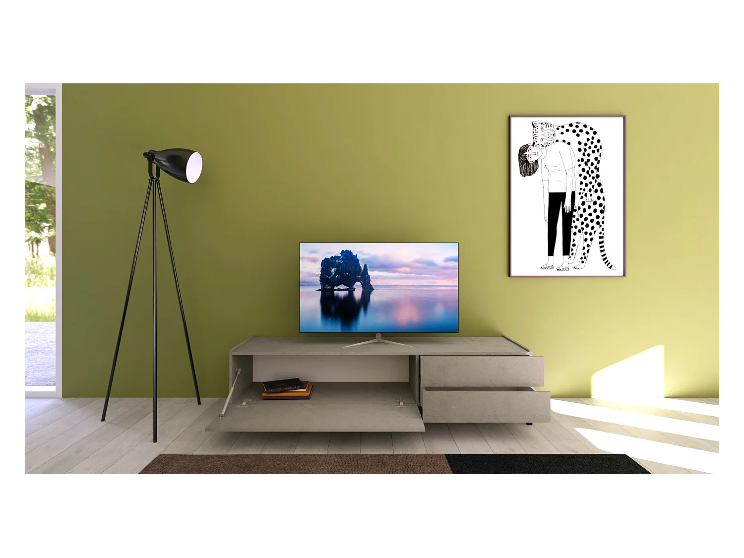 Meuble TV bas 1 porte abattante et 2 tiroirs 160x42x40 Solaria cachemire