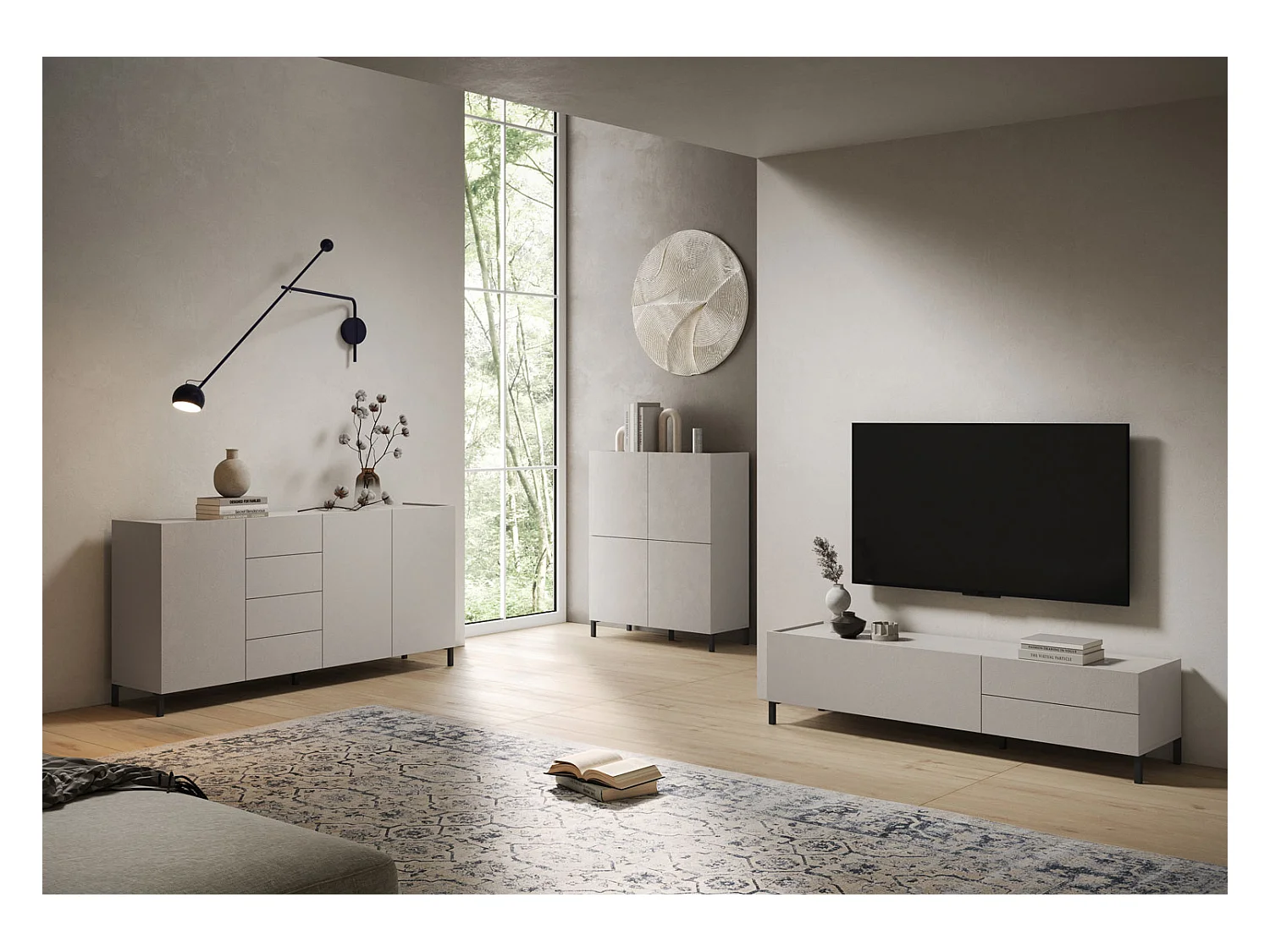 Meuble TV bas 1 porte abattante et 2 tiroirs 160x42x40 Solaria cachemire