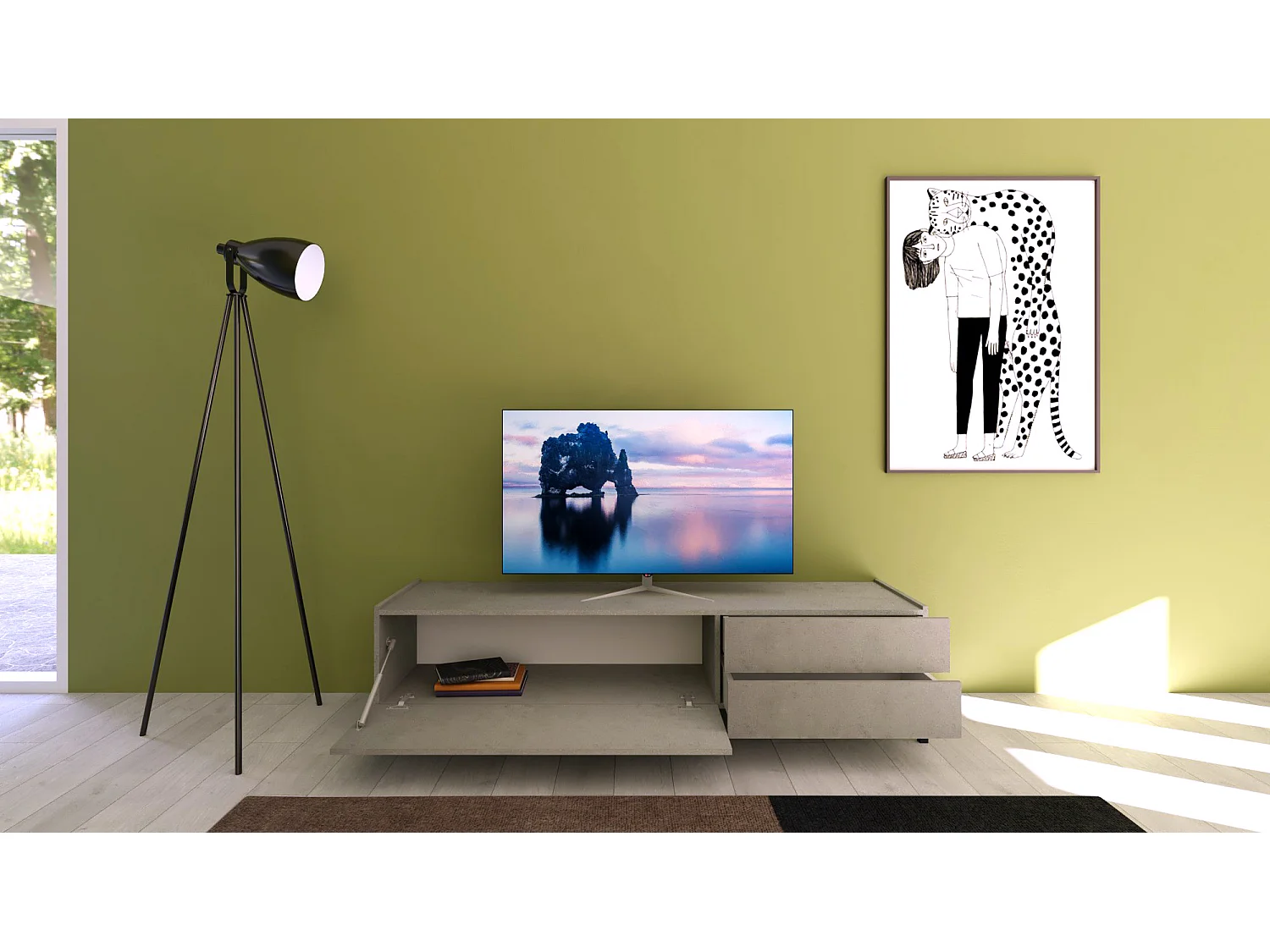 Meuble TV bas 1 porte abattante et 2 tiroirs 160x42x40 Solaria cachemire