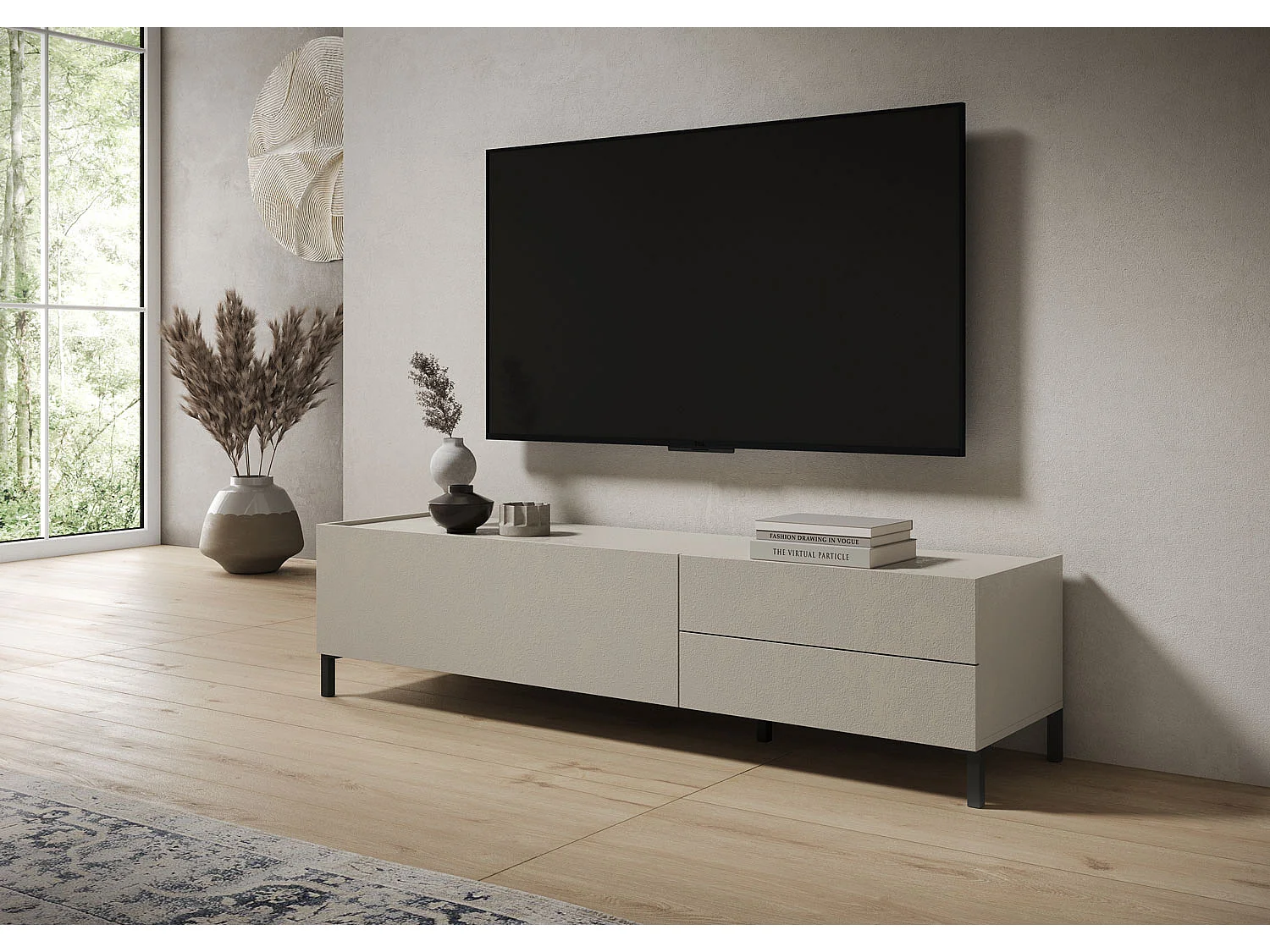 Meuble TV bas 1 porte abattante et 2 tiroirs 160x42x40 Solaria cachemire