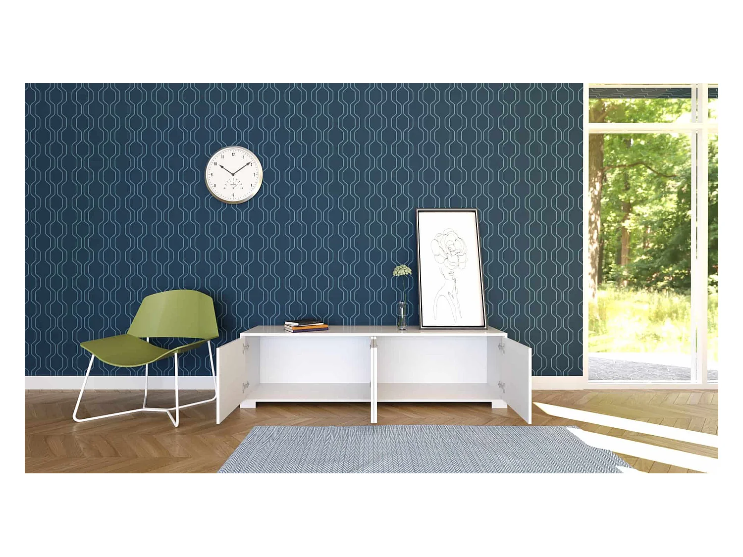 Meuble TV bas 4 portes 172x40x48 Lumina blanc brillant