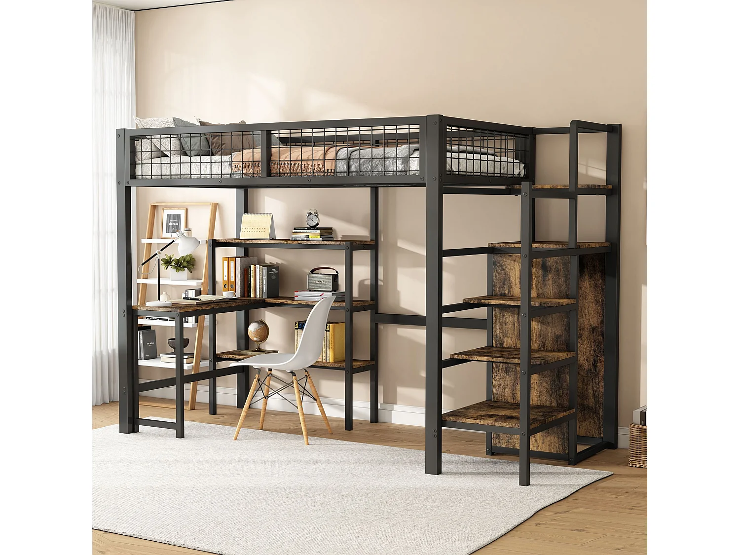 Letti a castello 90x200cm, letto in ferro, sottotavolo, diversi ripiani, armadio a muro, nero