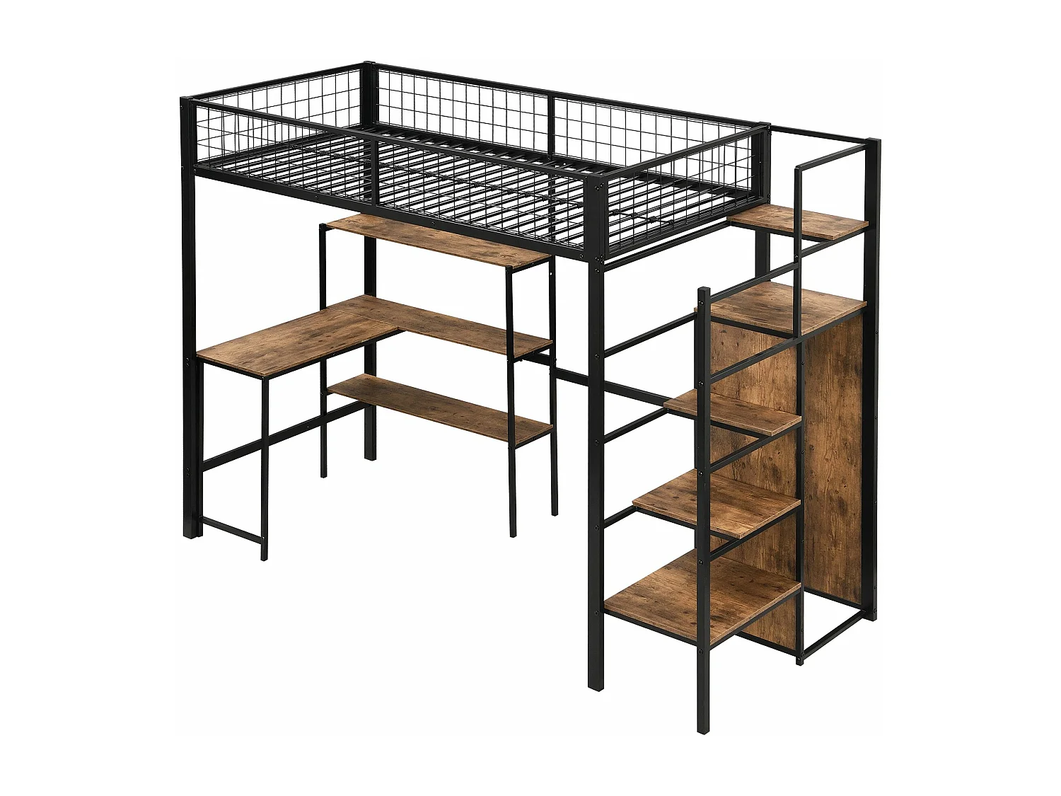 Letti a castello 90x200cm, letto in ferro, sottotavolo, diversi ripiani, armadio a muro, nero