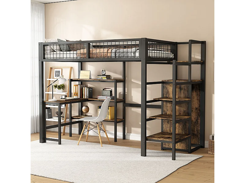 Letti a castello 90x200cm, letto in ferro, sottotavolo, diversi ripiani, armadio a muro, nero