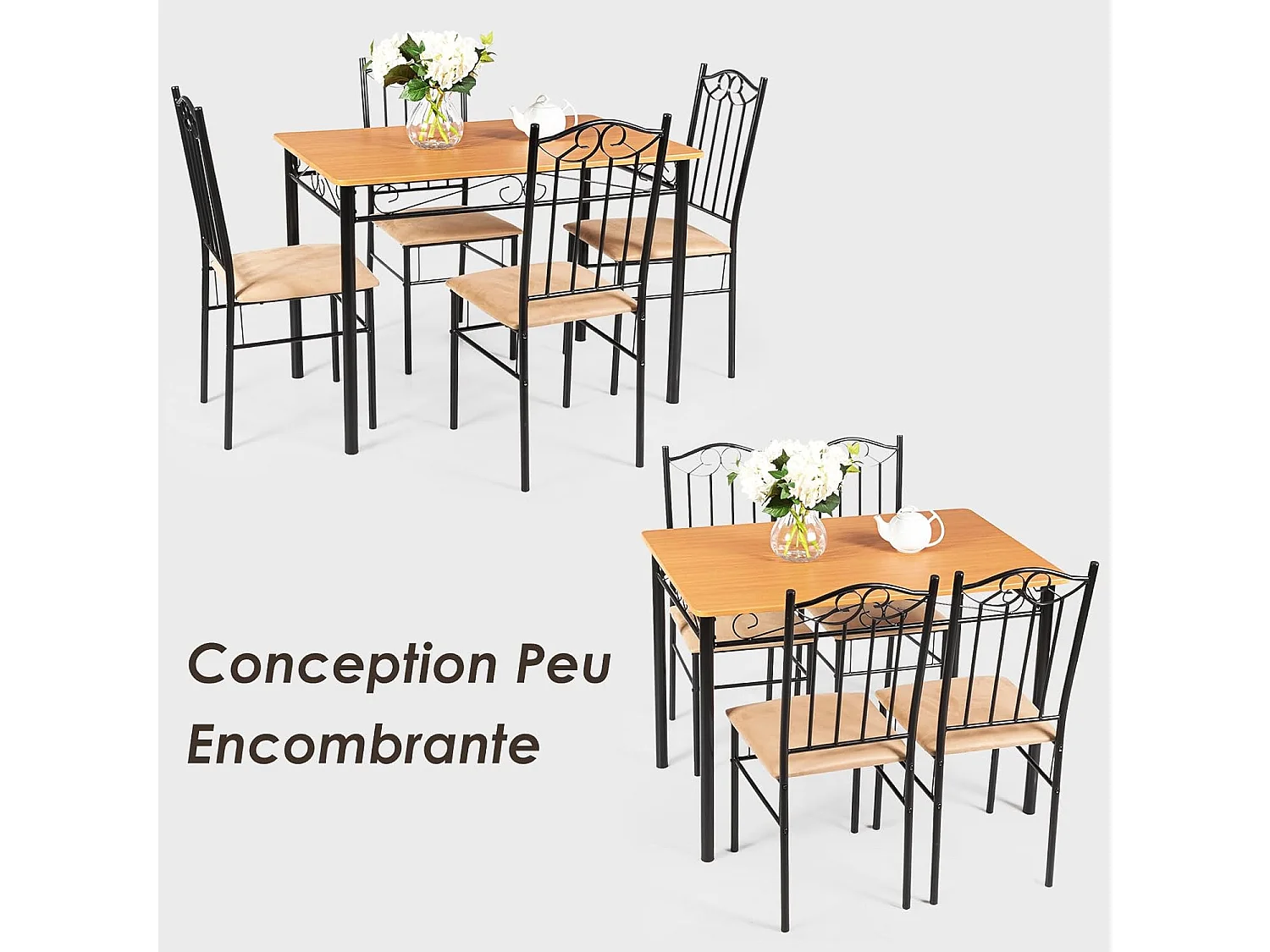 Ensemble Table et 4 Chaises, Table à Manger avec 4 Chaises Rembourrées, Cadre en Métal, pour Salle à Manger, Cuisine, Restaurant, Salon