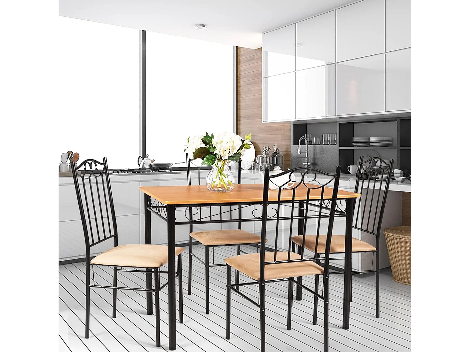 Ensemble Table et 4 Chaises, Table à Manger avec 4 Chaises Rembourrées, Cadre en Métal, pour Salle à Manger, Cuisine, Restaurant, Salon