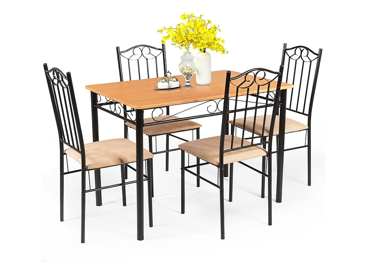 Ensemble Table et 4 Chaises, Table à Manger avec 4 Chaises Rembourrées, Cadre en Métal, pour Salle à Manger, Cuisine, Restaurant, Salon
