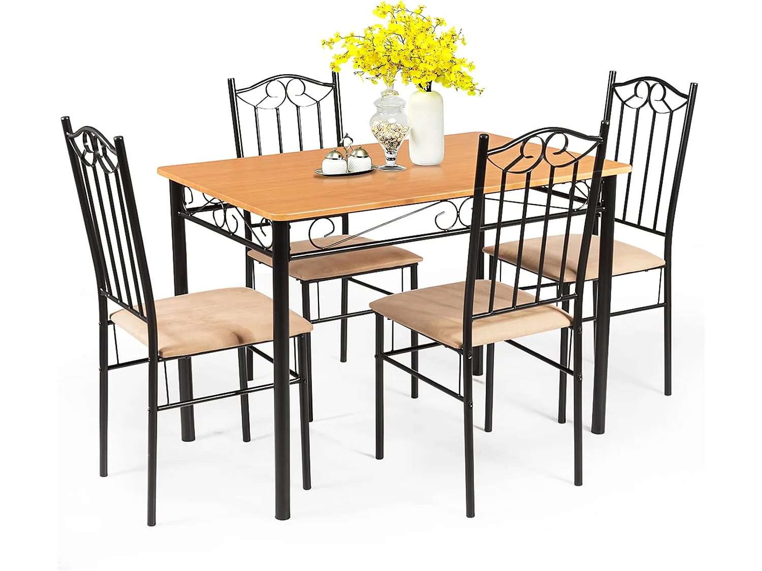 Ensemble Table et 4 Chaises, Table à Manger avec 4 Chaises Rembourrées, Cadre en Métal, pour Salle à Manger, Cuisine, Restaurant, Salon