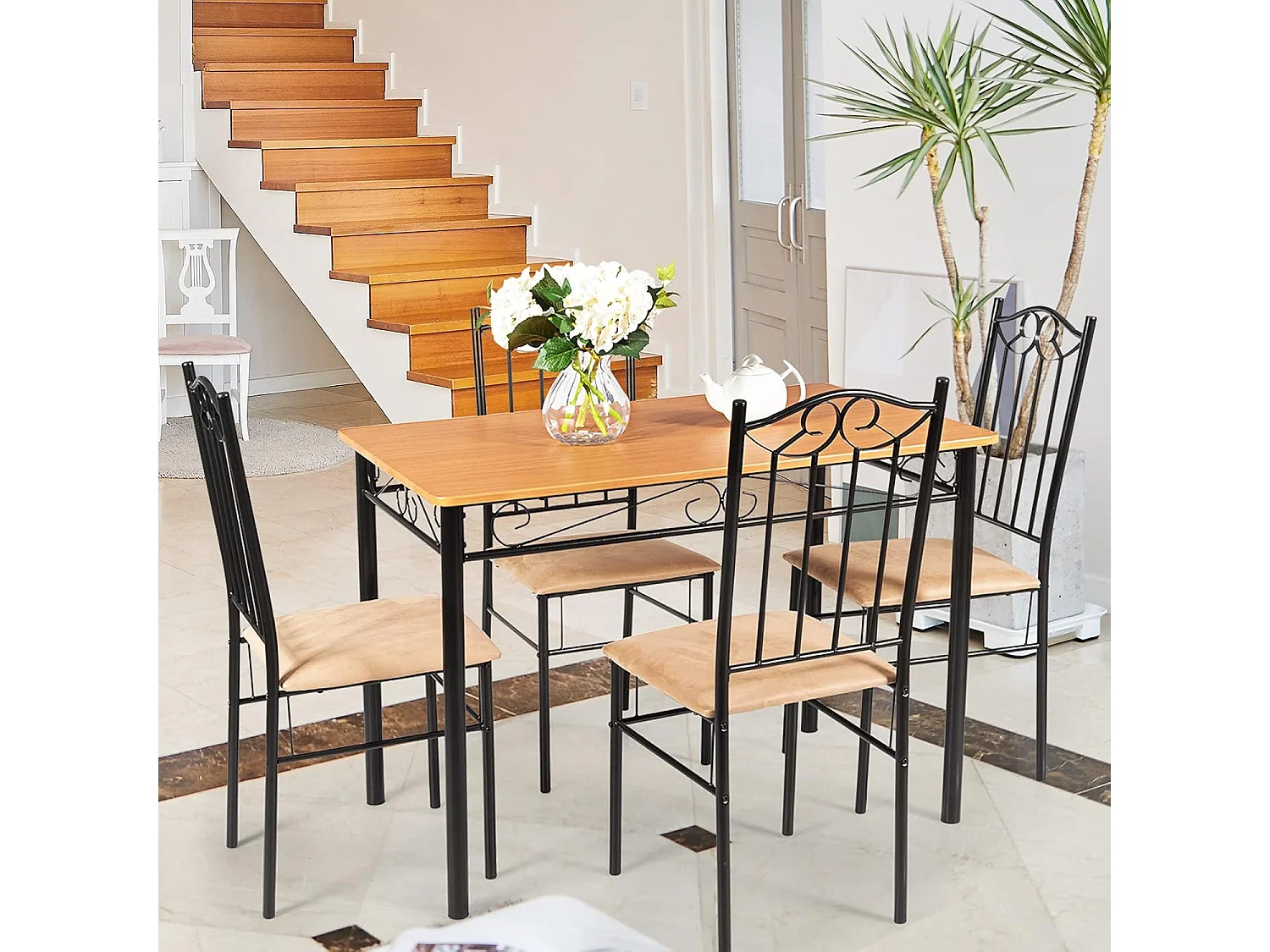 Ensemble Table et 4 Chaises, Table à Manger avec 4 Chaises Rembourrées, Cadre en Métal, pour Salle à Manger, Cuisine, Restaurant, Salon