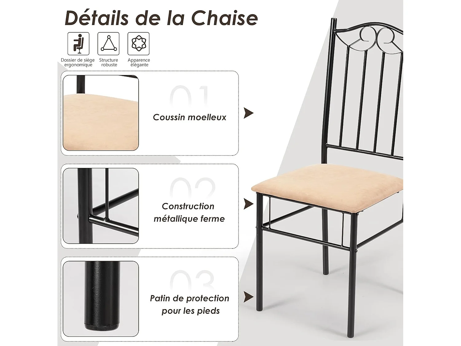 Ensemble Table et 4 Chaises, Table à Manger avec 4 Chaises Rembourrées, Cadre en Métal, pour Salle à Manger, Cuisine, Restaurant, Salon