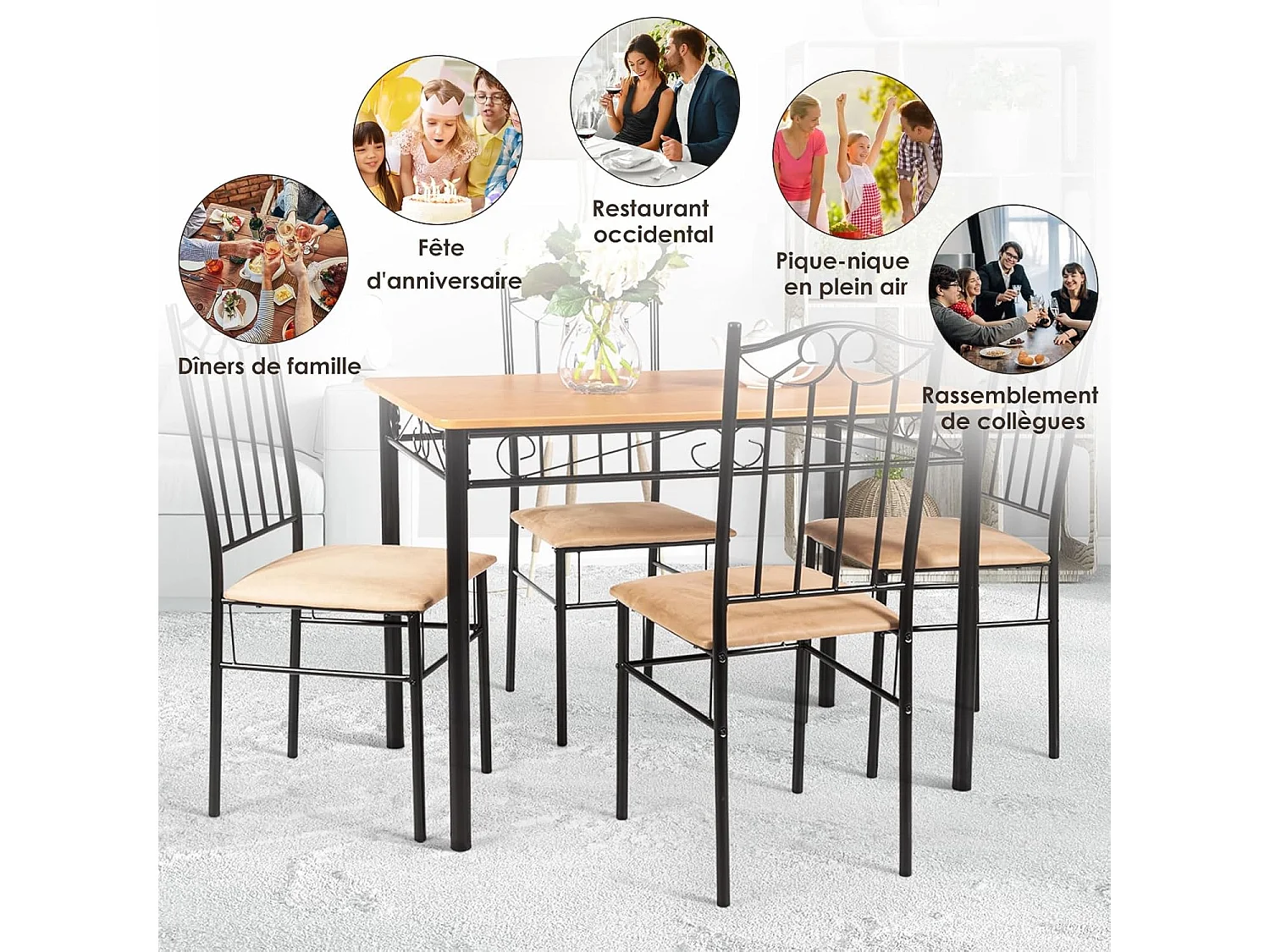 Ensemble Table et 4 Chaises, Table à Manger avec 4 Chaises Rembourrées, Cadre en Métal, pour Salle à Manger, Cuisine, Restaurant, Salon