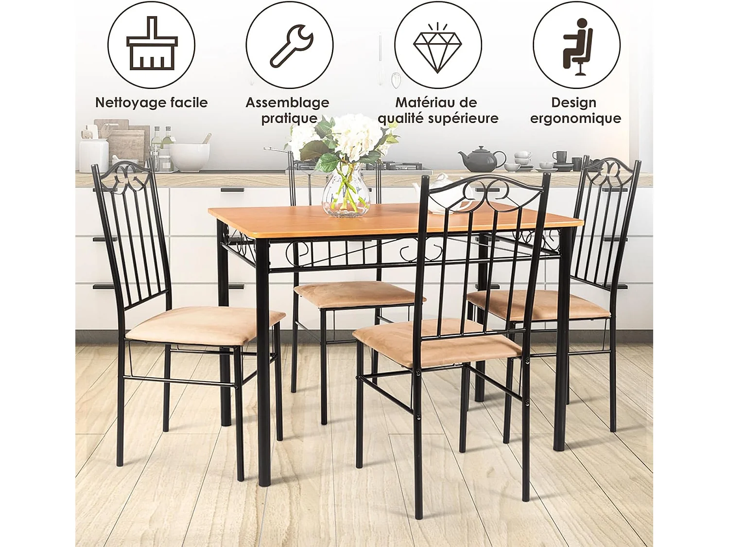 Ensemble Table et 4 Chaises, Table à Manger avec 4 Chaises Rembourrées, Cadre en Métal, pour Salle à Manger, Cuisine, Restaurant, Salon