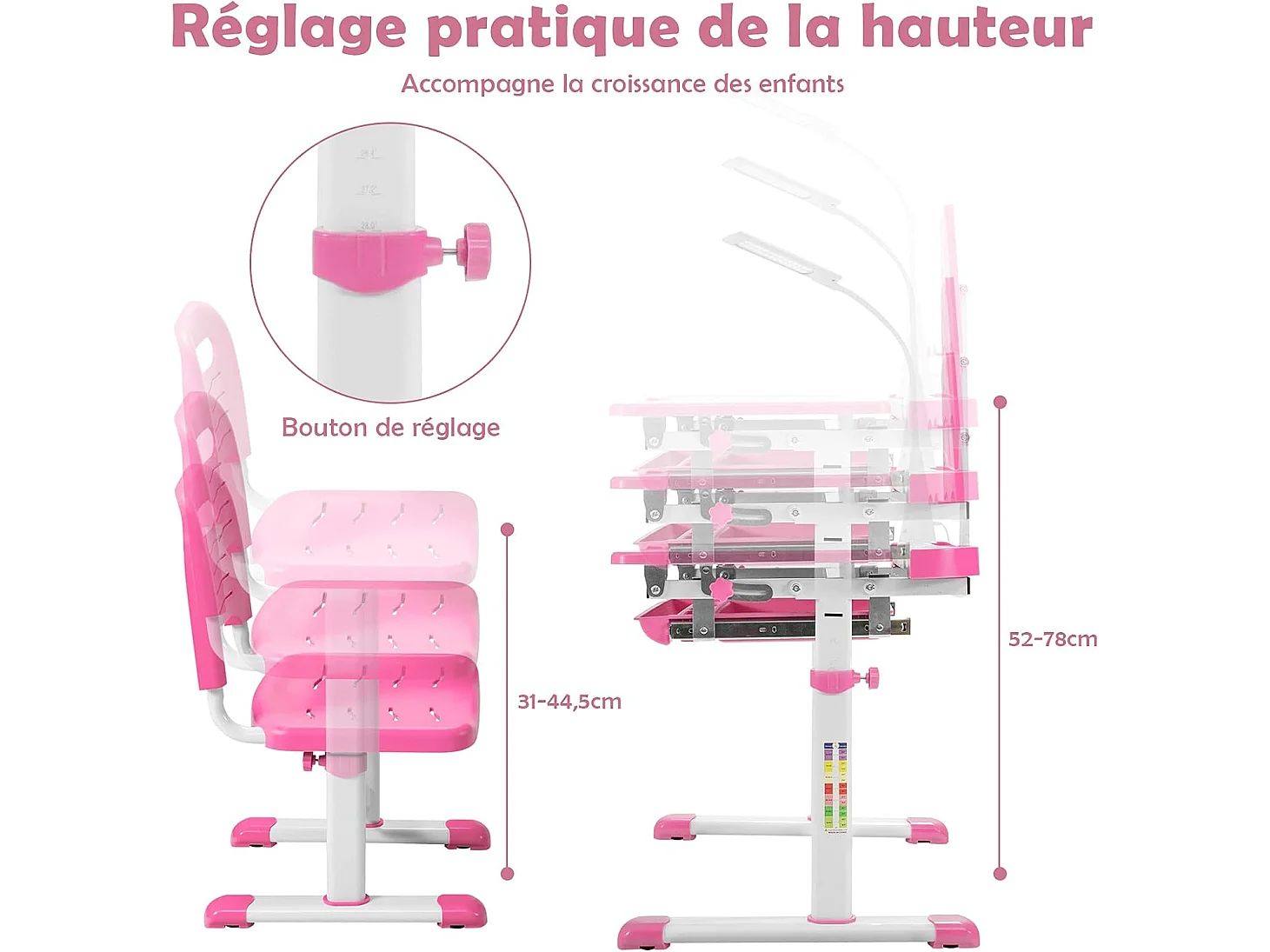 Bureau enfants avec chaise, réglable en hauteur, éclairage led, plateau et tiroir, rose