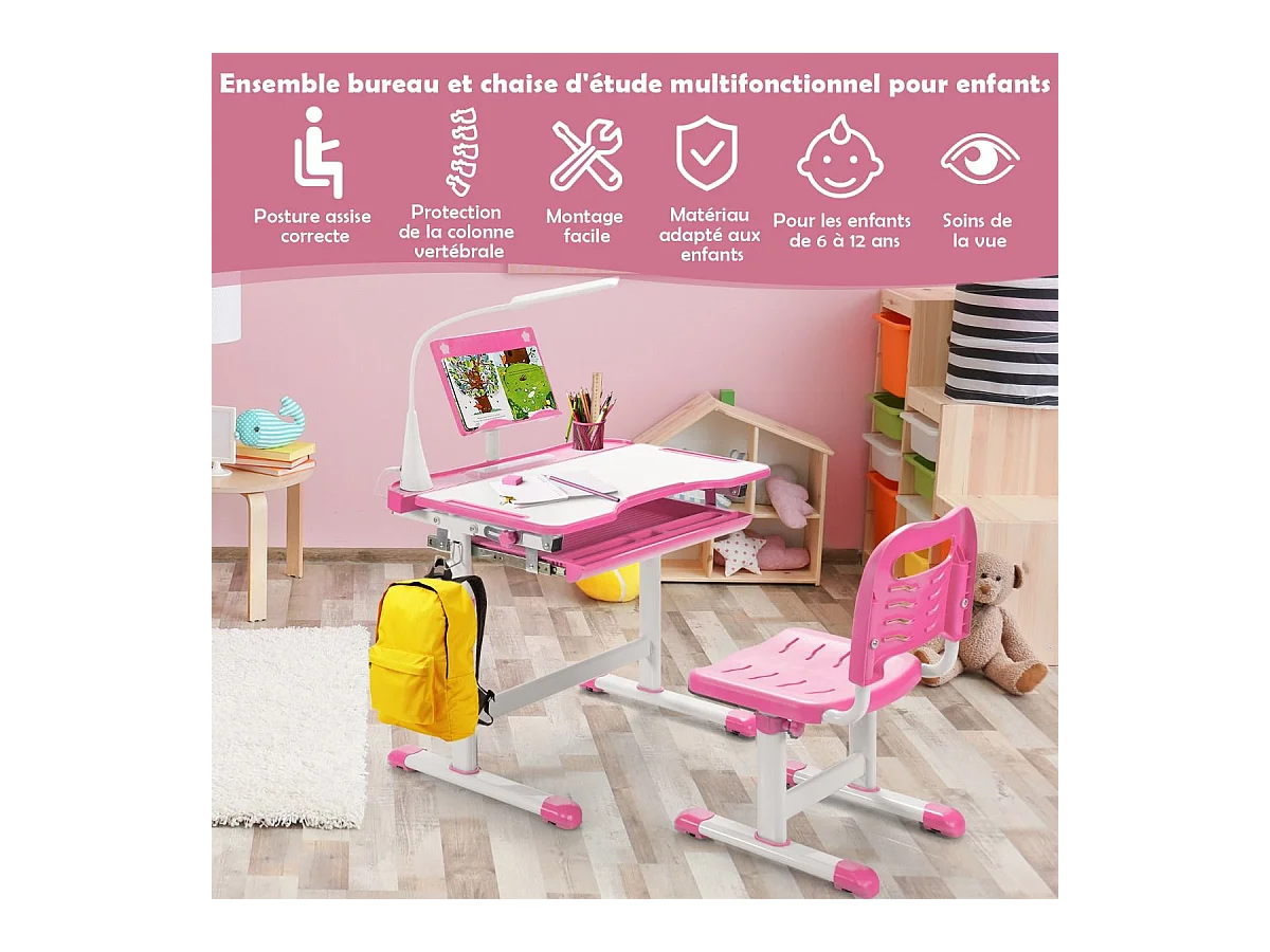 Bureau enfants avec chaise, réglable en hauteur, éclairage led, plateau et tiroir, rose