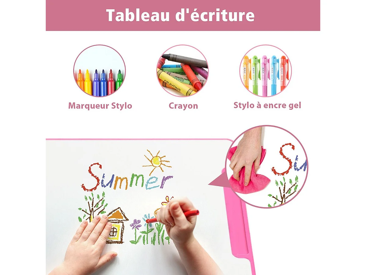 Bureau enfants avec chaise, réglable en hauteur, éclairage led, plateau et tiroir, rose