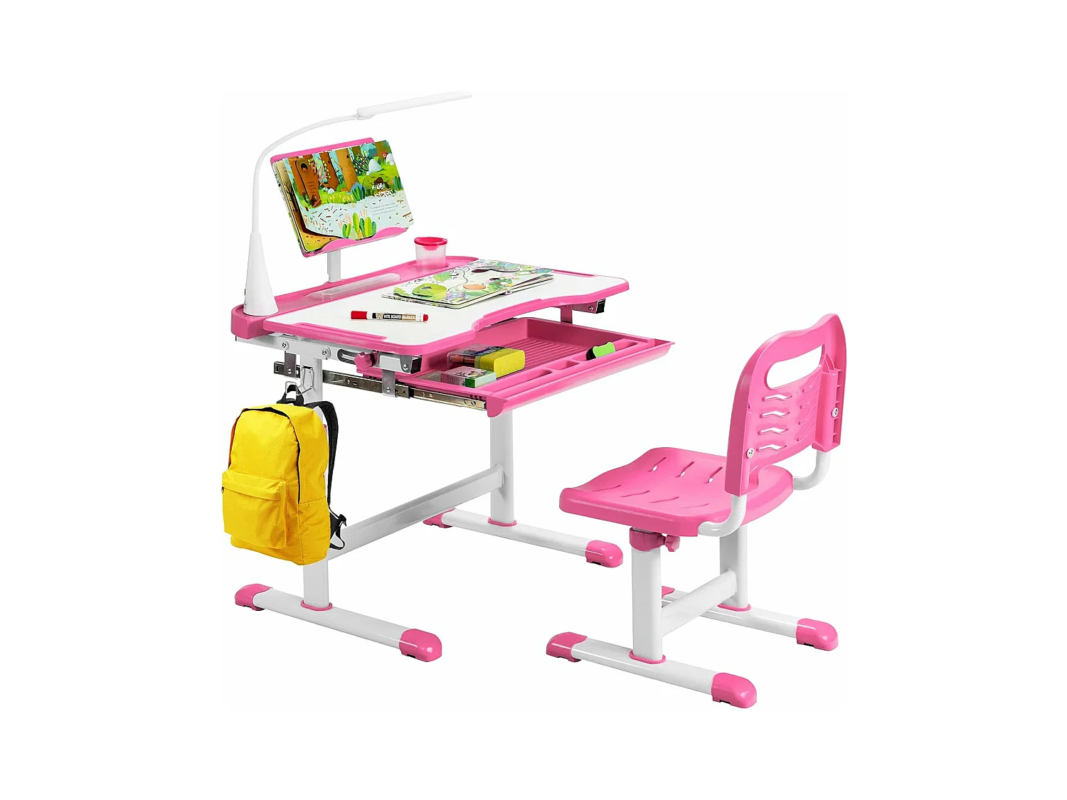 Bureau enfants avec chaise, réglable en hauteur, éclairage led, plateau et tiroir, rose
