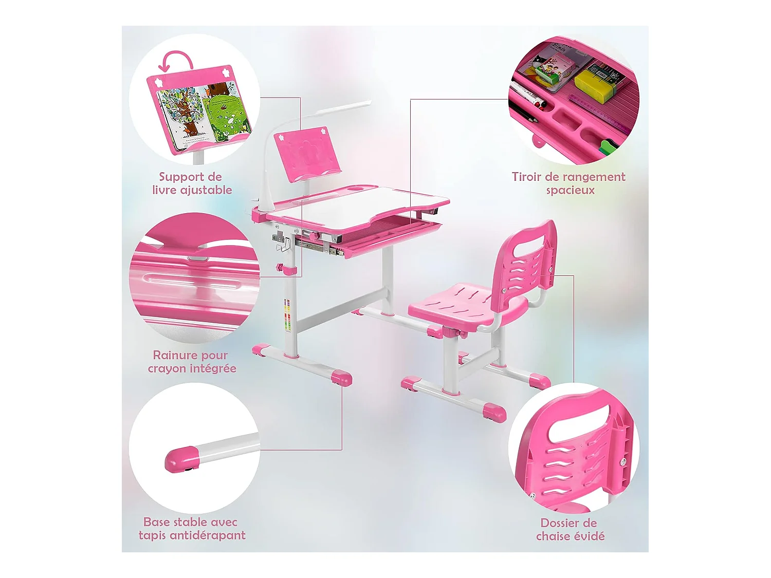 Bureau enfants avec chaise, réglable en hauteur, éclairage led, plateau et tiroir, rose
