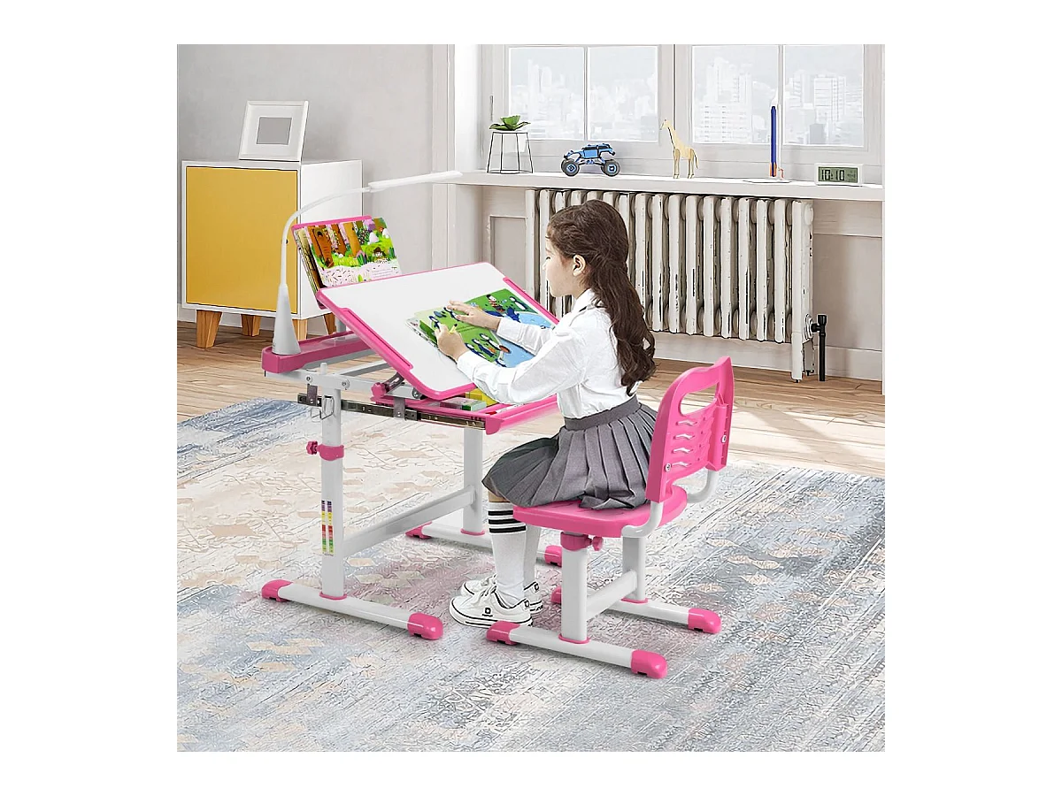 Bureau enfants avec chaise, réglable en hauteur, éclairage led, plateau et tiroir, rose