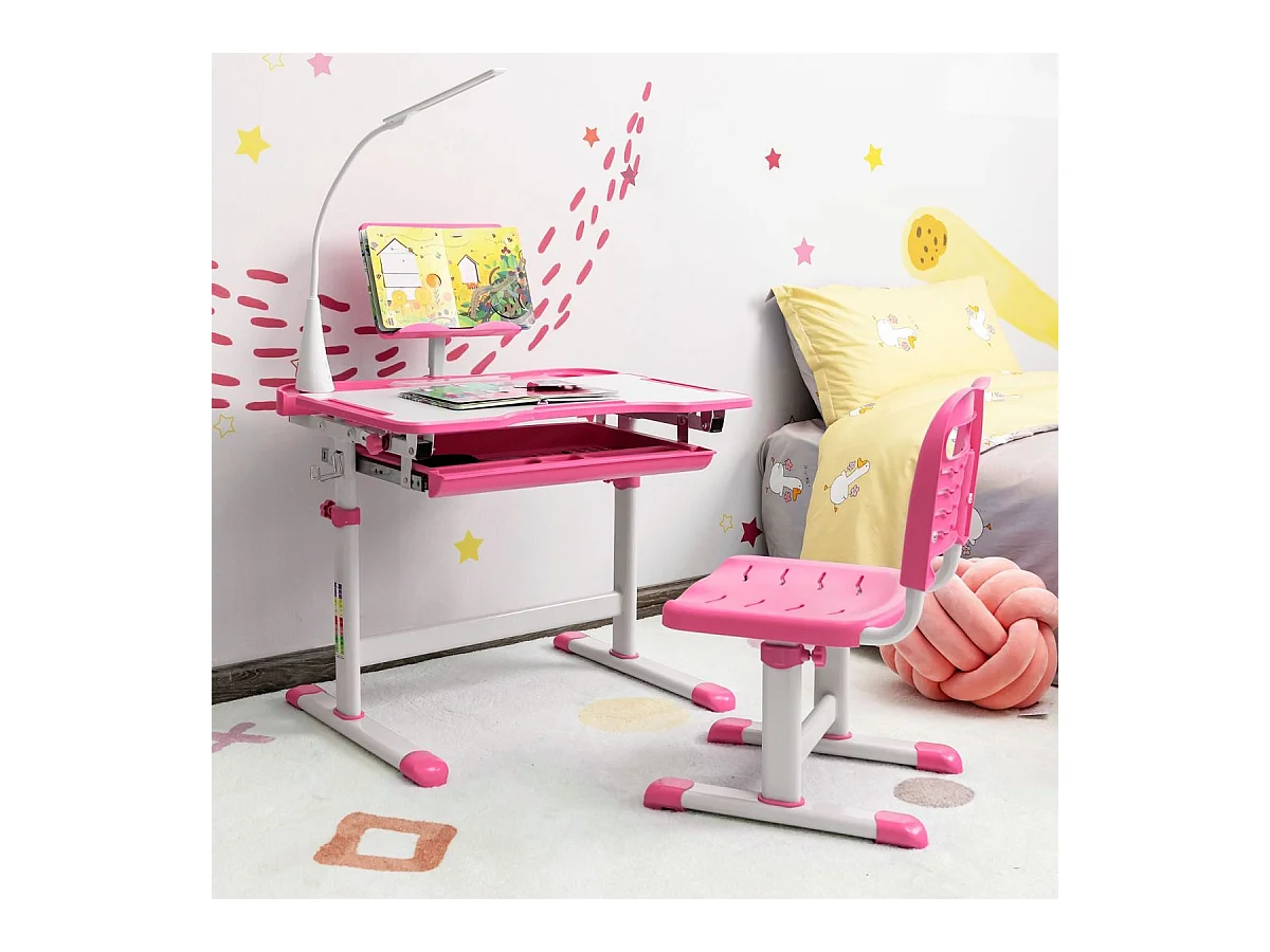 Bureau enfants avec chaise, réglable en hauteur, éclairage led, plateau et tiroir, rose