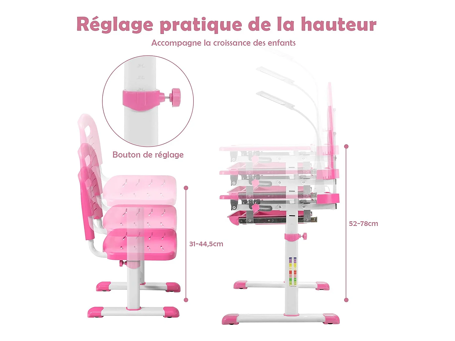 Bureau enfants avec chaise, réglable en hauteur, éclairage led, plateau et tiroir, rose