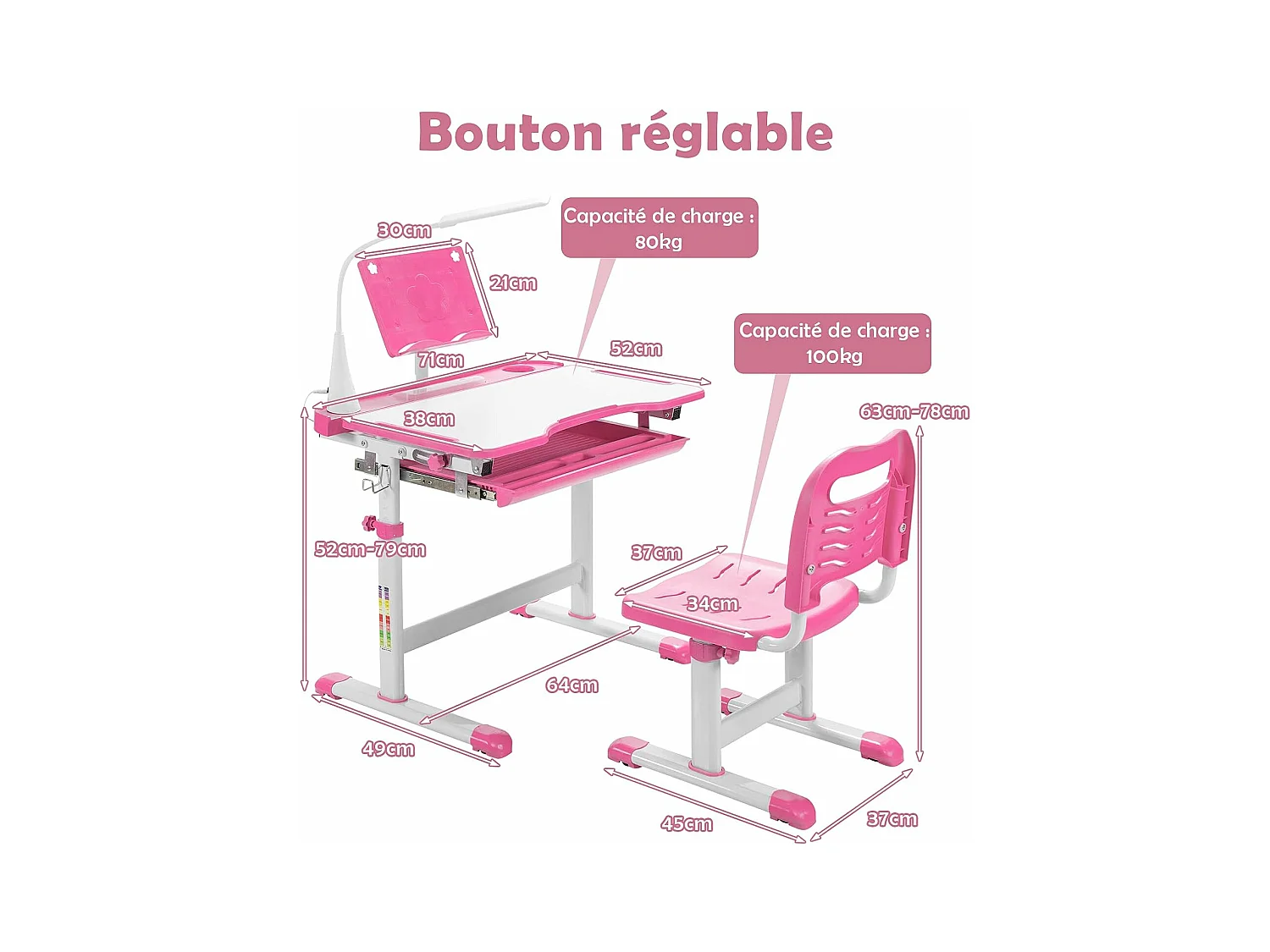 Bureau enfants avec chaise, réglable en hauteur, éclairage led, plateau et tiroir, rose
