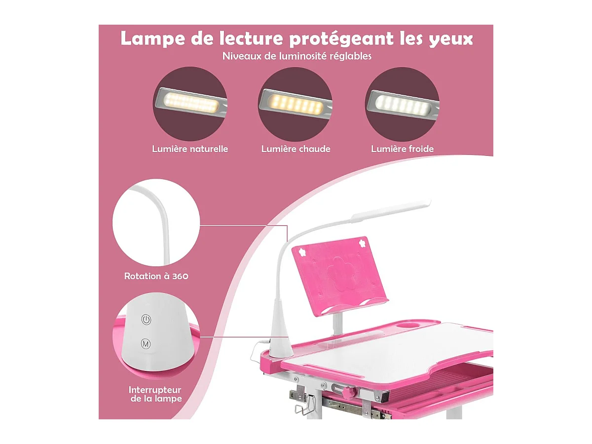 Bureau enfants avec chaise, réglable en hauteur, éclairage led, plateau et tiroir, rose