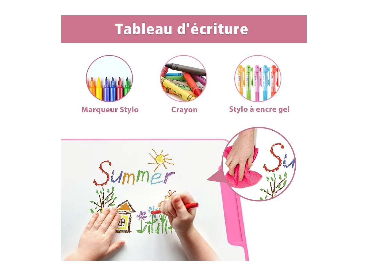 Bureau enfants avec chaise, réglable en hauteur, éclairage led, plateau et tiroir, rose