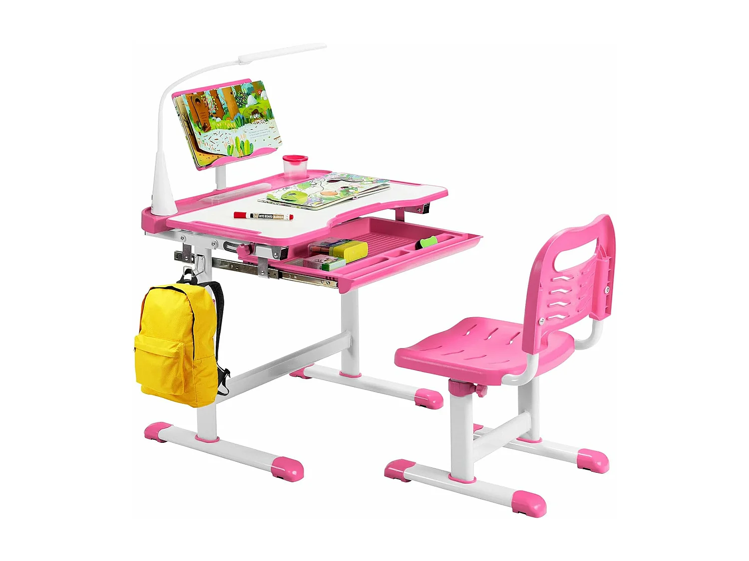 Bureau enfants avec chaise, réglable en hauteur, éclairage led, plateau et tiroir, rose