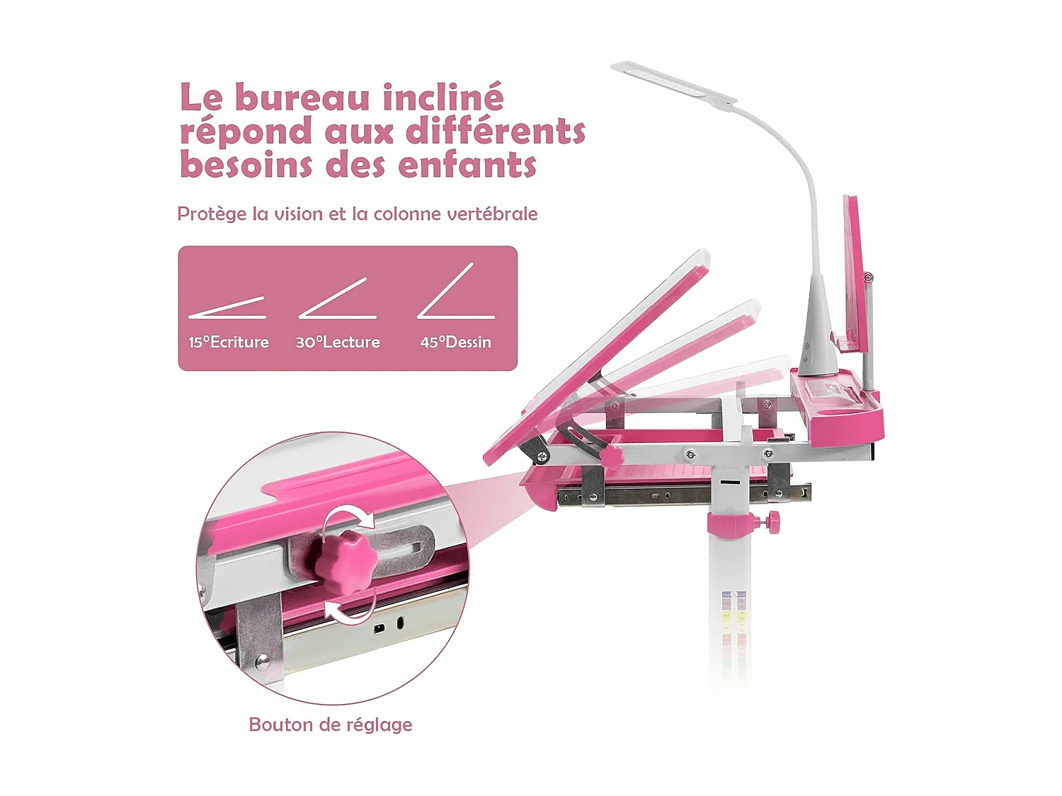 Bureau enfants avec chaise, réglable en hauteur, éclairage led, plateau et tiroir, rose