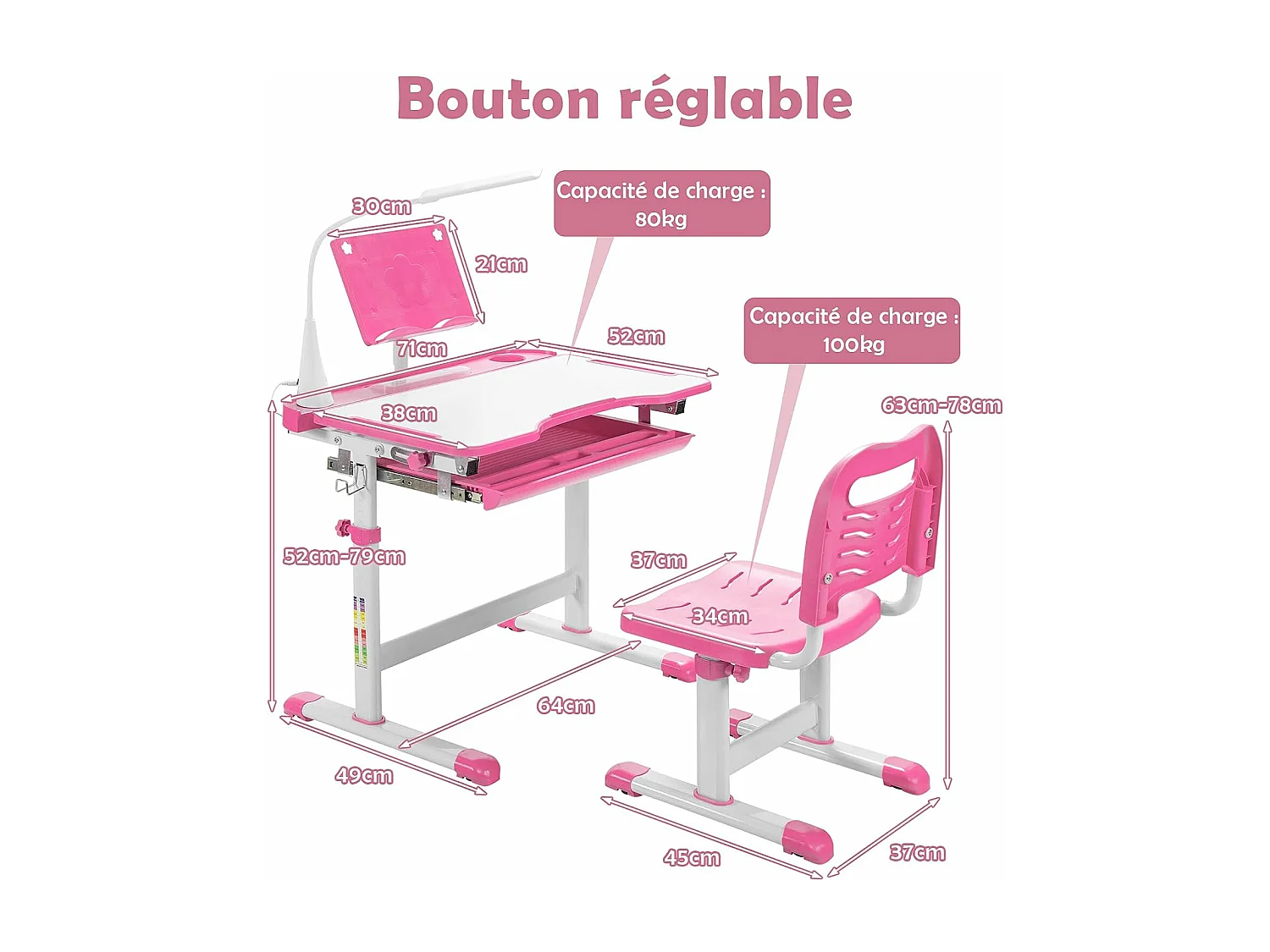 Bureau enfants avec chaise, réglable en hauteur, éclairage led, plateau et tiroir, rose