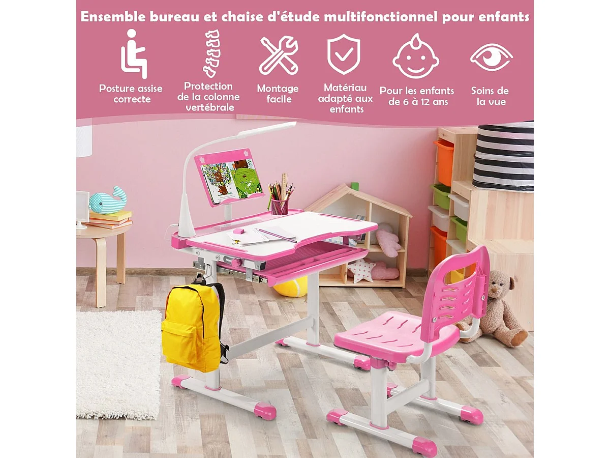 Bureau enfants avec chaise, réglable en hauteur, éclairage led, plateau et tiroir, rose