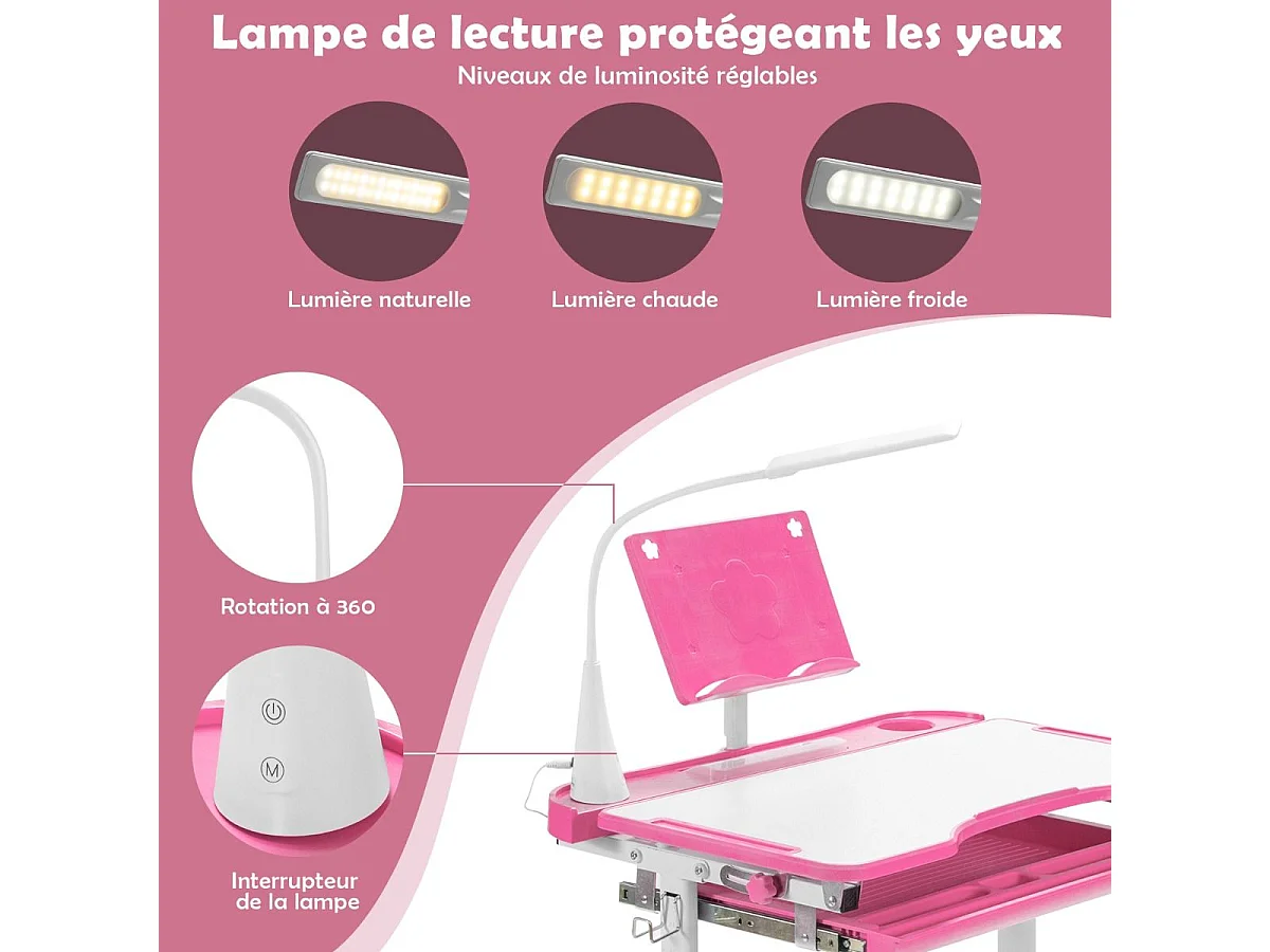 Bureau enfants avec chaise, réglable en hauteur, éclairage led, plateau et tiroir, rose